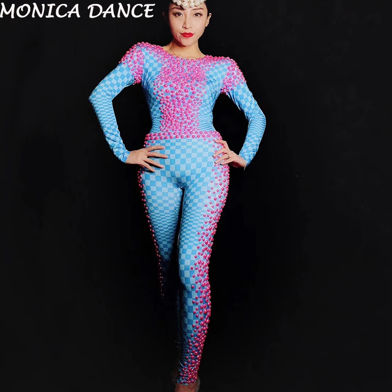 Women Sexy Pink Pearls Stones Blue Spandex Jumpsuit Nightclub Birthday Party Leggings Female Singer Dancer Bodysuit Costume