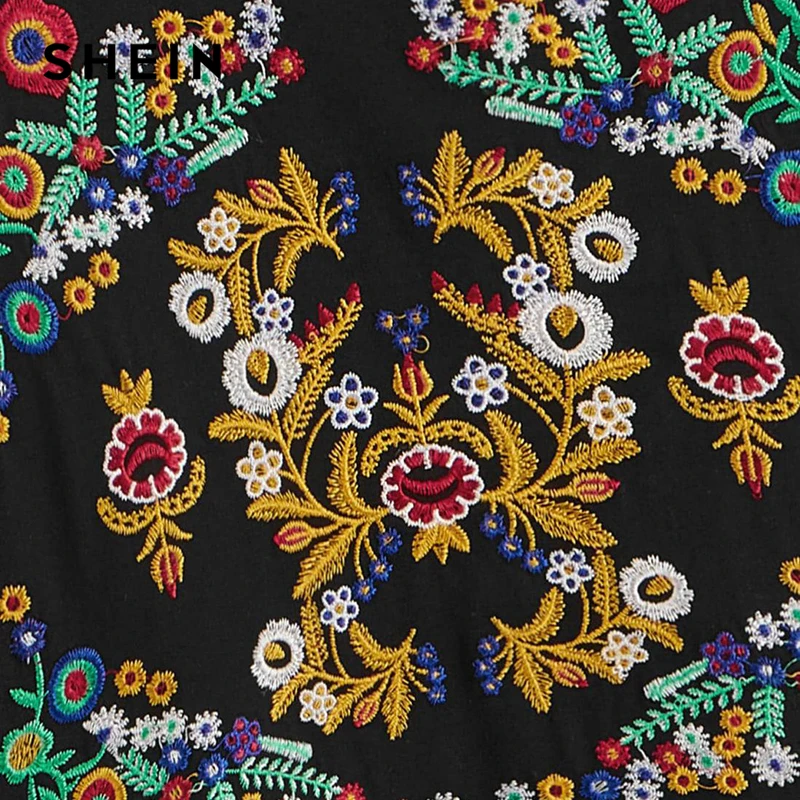 SHEIN Boho милый черный растительный вышитый топ с воланом Женская летняя футболка с круглым вырезом короткий рукав Базовая футболка Топы
