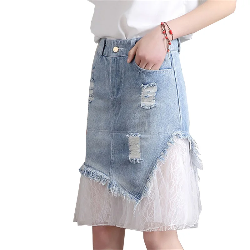 Весенняя юбка 2021 Для женщин в сеточку с вышитыми кружевами джинсовая лето новое