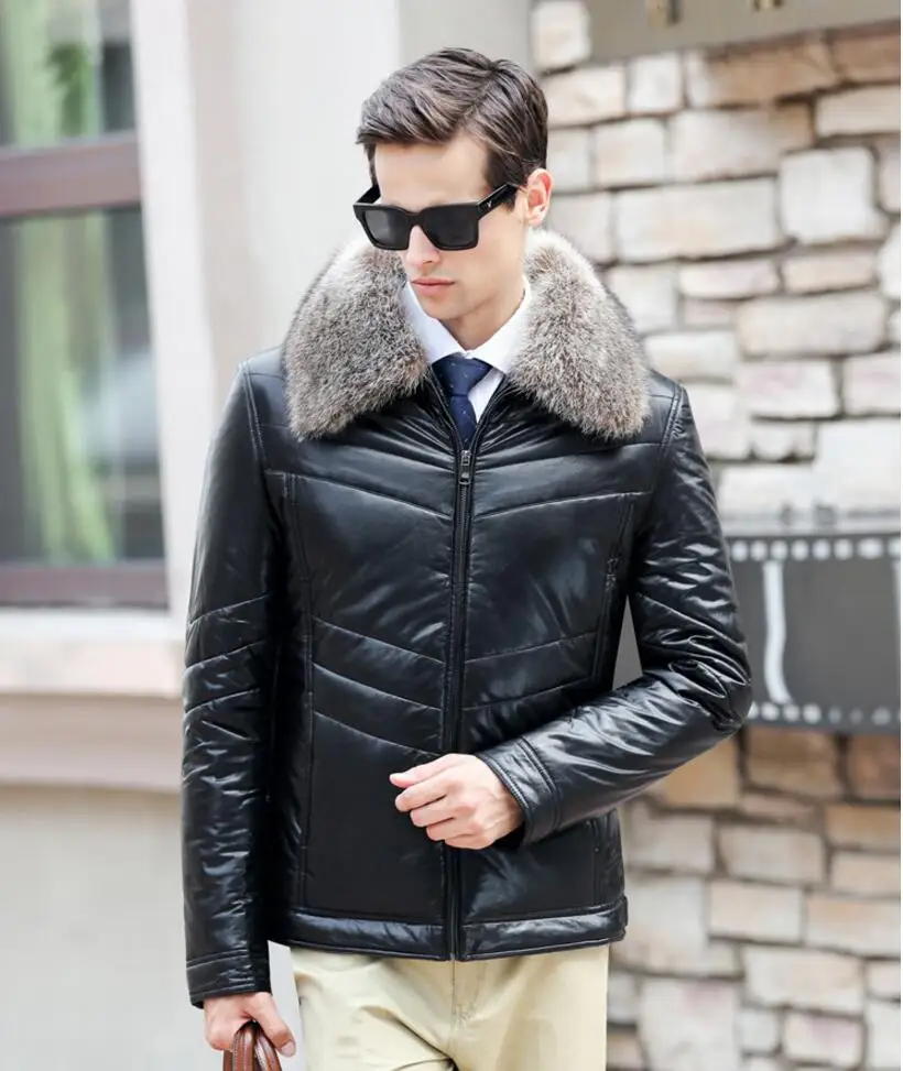 

Male Winter Detachable hat Coats New male Slim Fashion Jackets Korean Plus Size Men's Sheep skin Leather jacket Men Warm Outwear