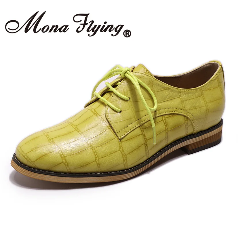 Mona Flying/Женские Кожаные Туфли-оксфорды; туфли дерби; повседневные крокодиловые туфли на плоской подошве со шнуровкой; женская обувь; A068-E2 - Цвет: Yellow