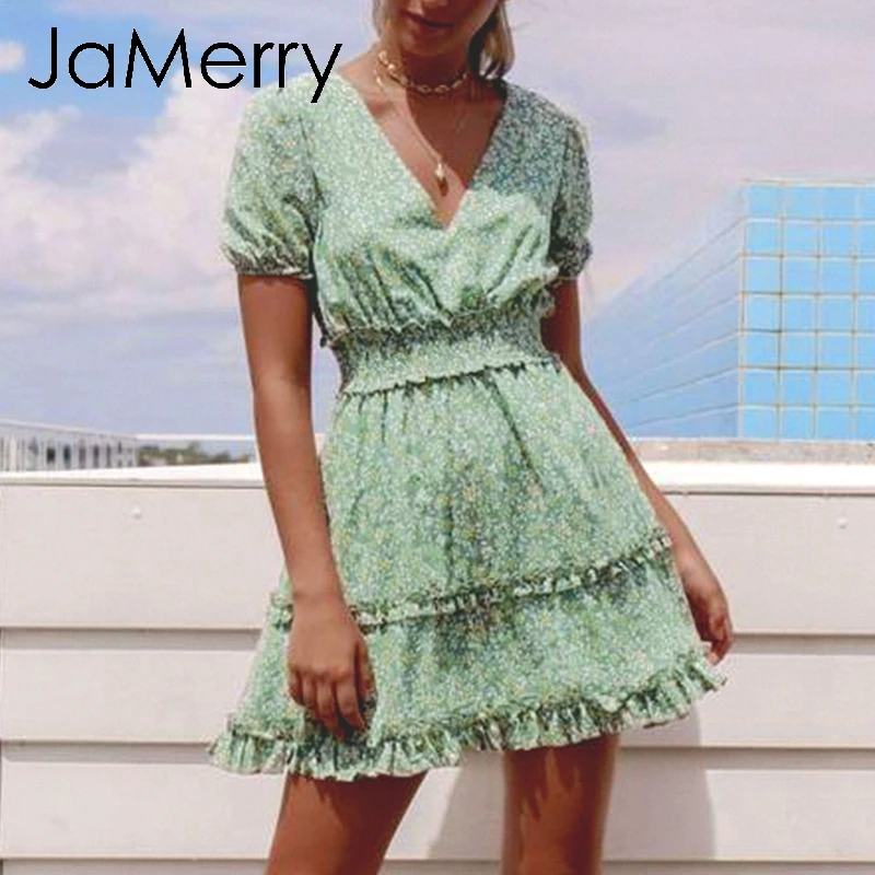 JaMerry Boho пляжное Хлопковое платье с цветочным принтом летнее зеленое рюшами и