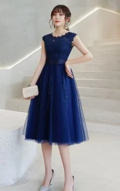 Новинка, свадебное платье для невесты, длина до середины икры, рукав-крылышко, Кружевная аппликация, простое деревенское свадебное платье, Vestido Casamento Civil Vestidos - Color: navy blue