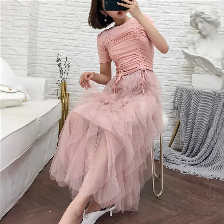 Летняя 2 майка с элементами топ + Асимметричные кружевные юбки комплект Женский