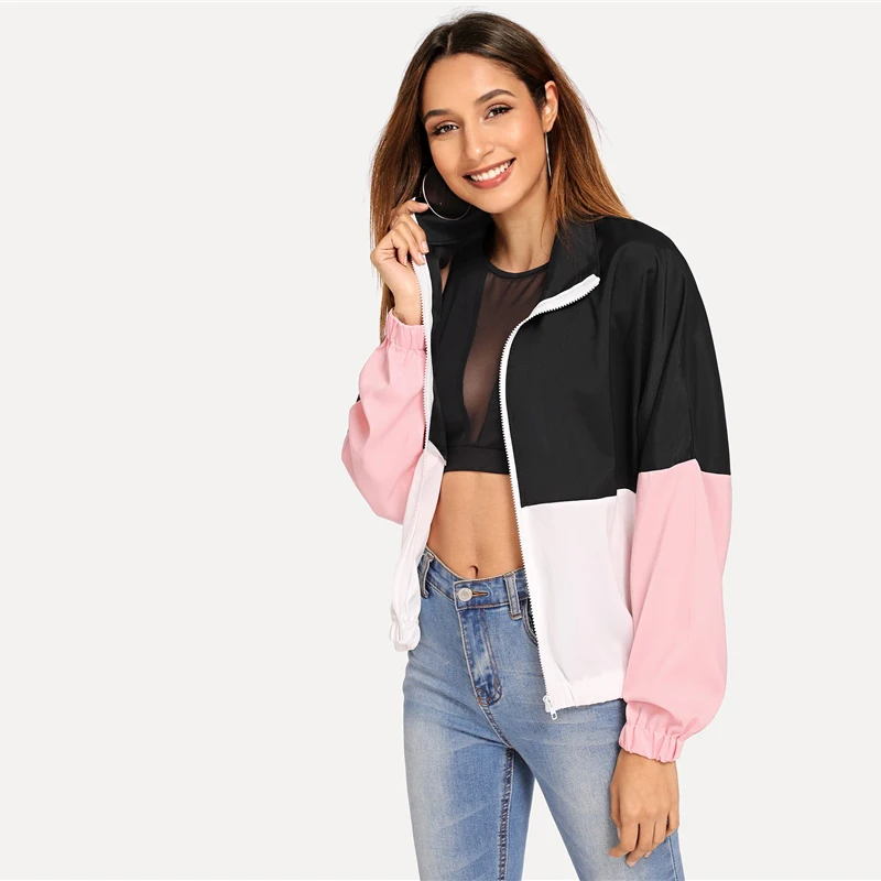 SHEIN Многоцветный эластичный подол цветной блок ветровка куртка для женщин лето осень с длинным рукавом спортивная уличная верхняя одежда пальто