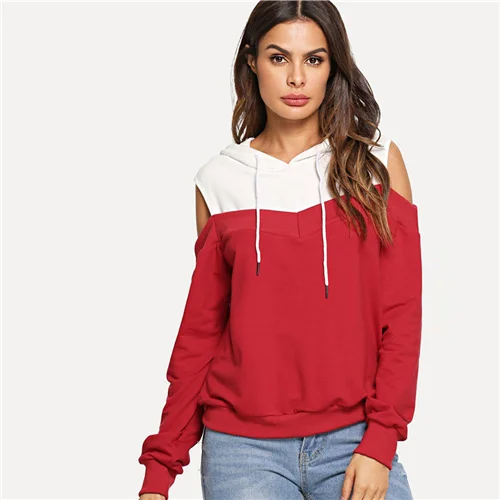Красный SweatyRocks Athleisure толстовка с капюшоном и завязками на плечах, пуловер с длинным рукавом, толстовки, Модные осенние женские повседневные толстовки - Цвет: Красный