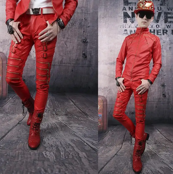 Black red white personality fashion mens motorcycle leather pants punk slim pant feet trousers multi-zipper pantalon homme | Мужская