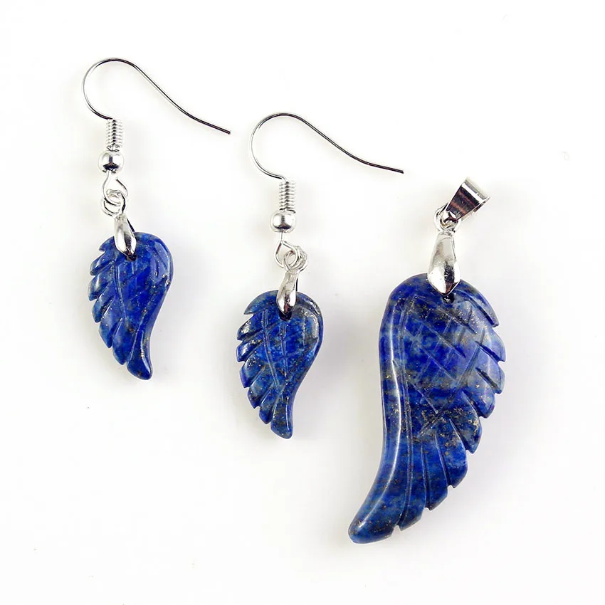 

FYJS Unique Party Gift Lapis Lazuli Angel Wing Pendant Drop Earrings Silver Plated Jewelry Sets