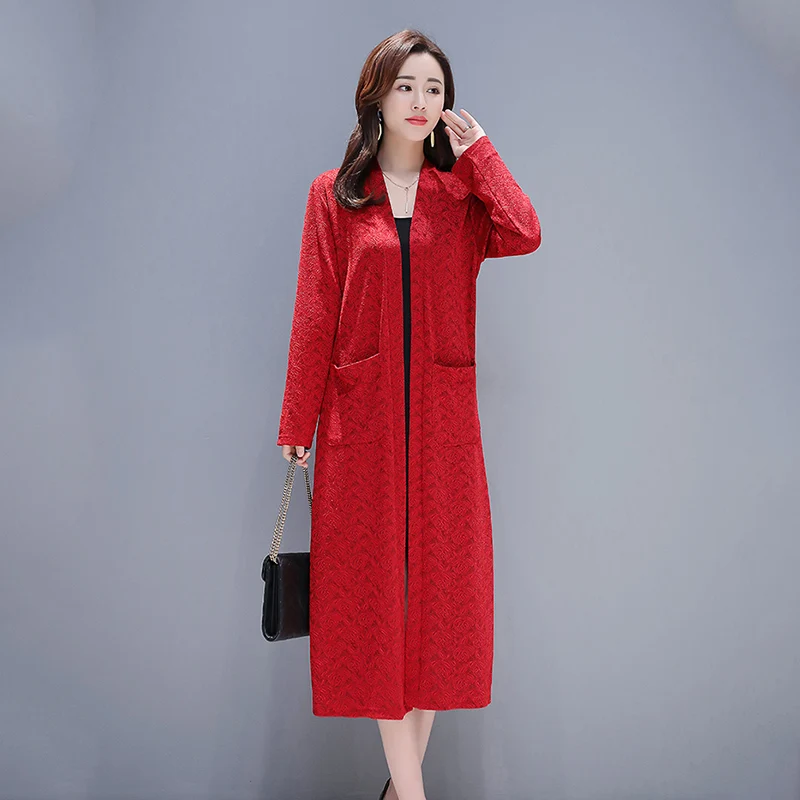 

2019 National wind jacquard windbreaker long coat woman Long Sleeve Spring Autumn New Vintage Cardigan Loose Coat cc340