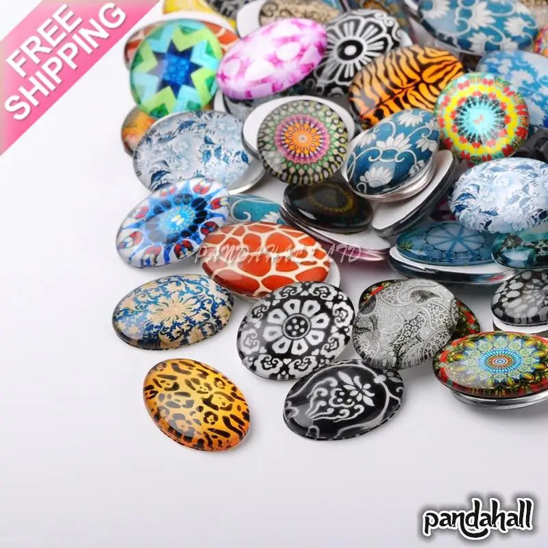 Стеклянные Овальные Кабошоны с Мозаичным принтом смешанные цвета 40x30x7 ~ 9 мм|glass