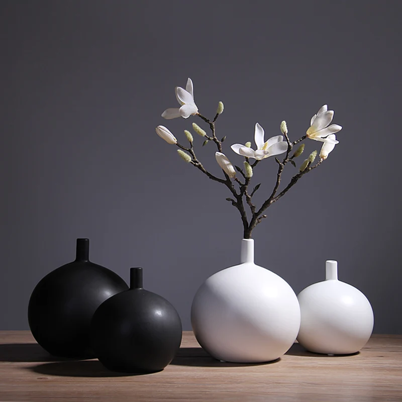 

wedding decoration Nordic Modern Black White Ceramic Hydroponic Vase Round Decoration Table Flower Ware Model Room Decoration