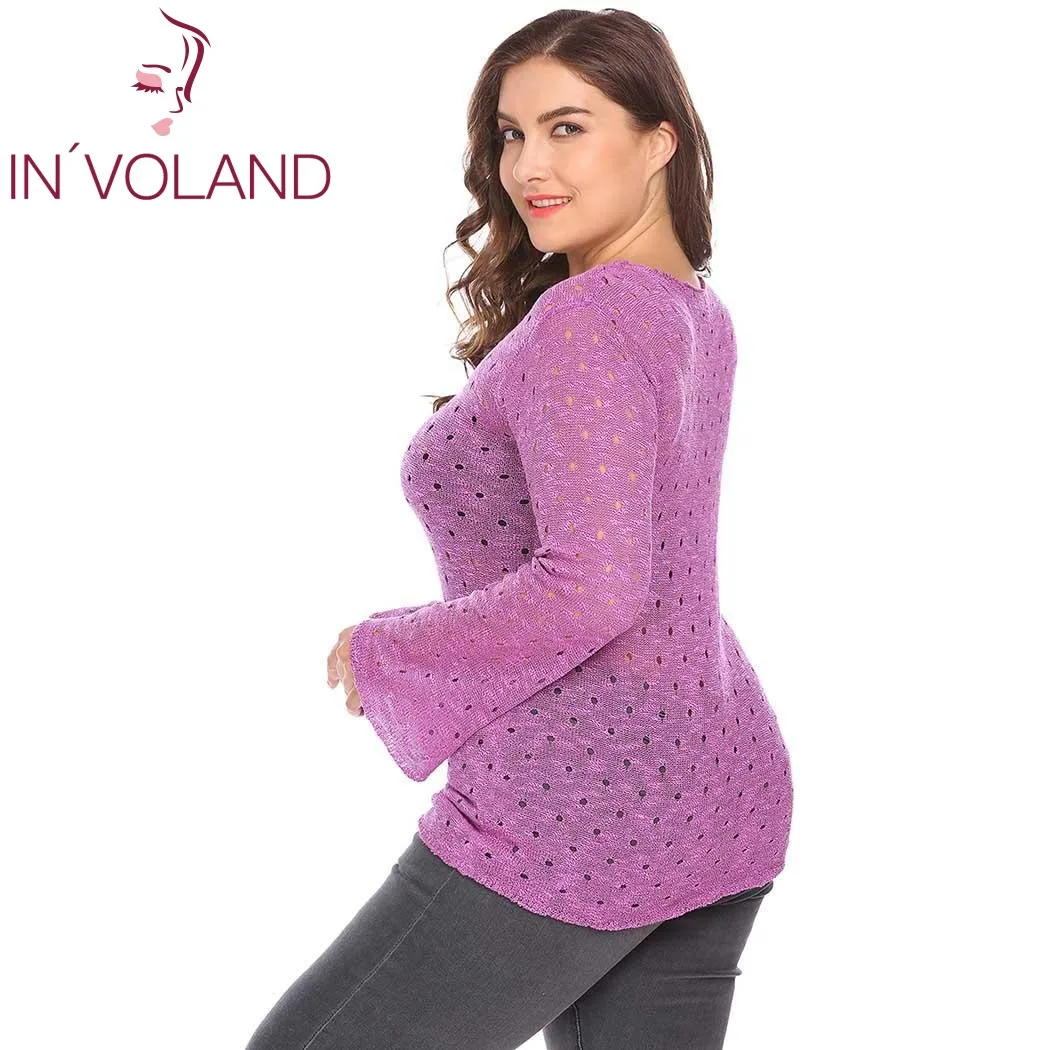 IN'VOLAND Women Sweater Tops Large Size 5XL Casual Autumn Spring Flare Sleeve Slim Hole Hollow Out Thin Female Pullover Sweaters | Женская