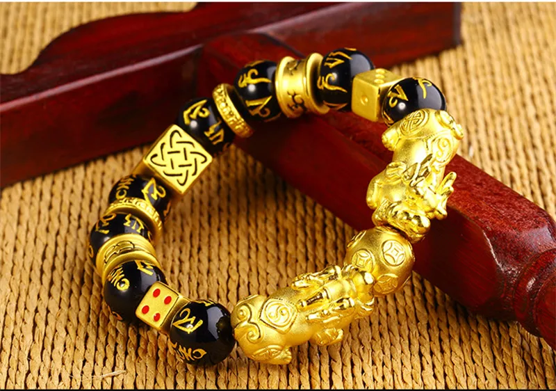 Gold Color Brave Troops Stone Beads Bangles Bracelet 6 Words Chinese Lucky Enegry God Beast Pixiu Bracelet Dropship Jewelry Gift