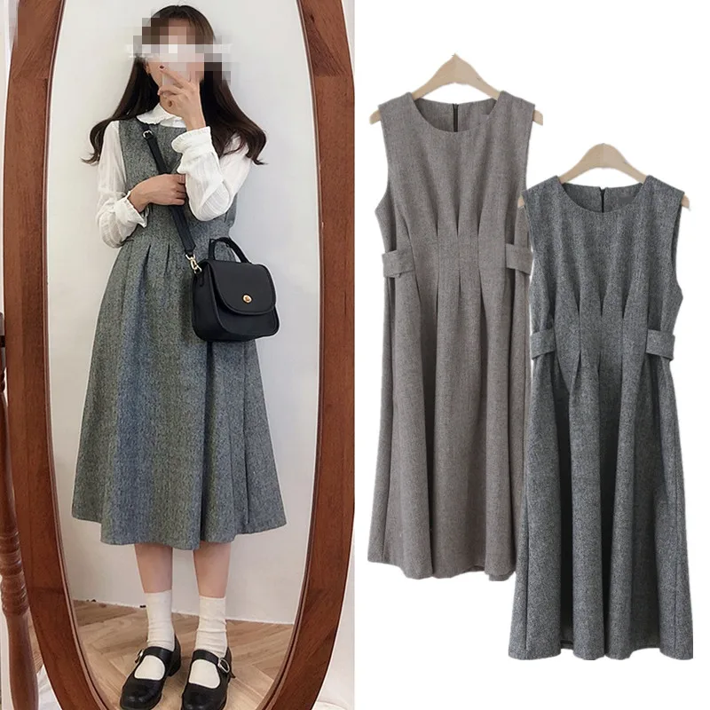 Autumn winter vintage preppy style sleeveless vest dress girls slim big swing a-line | Женская одежда