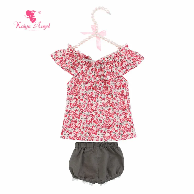 

Kaiya Angel Toddler Girls Clothing Sets Flower Printing T-shirt with White Big Bow Short Kids Summer Outfits Factory Wholesale