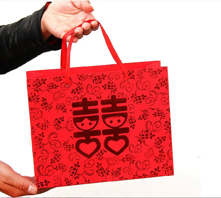 

100 шт./лот Китайский традиционный красный бумажный пакет для подарков на свадьбу с ручкой 25*8,8*18,5 см