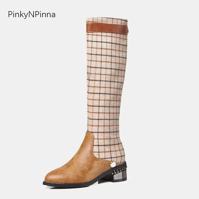 

women long knee high boots metallic chunky heels zipper pearl soft cotton gingham black winter party shoes large size 46 47 48