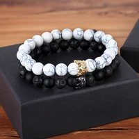 xqni new classic interlocking stitching lava matte onyx stone with crown accessories beads bracelet hand jewelry for women men