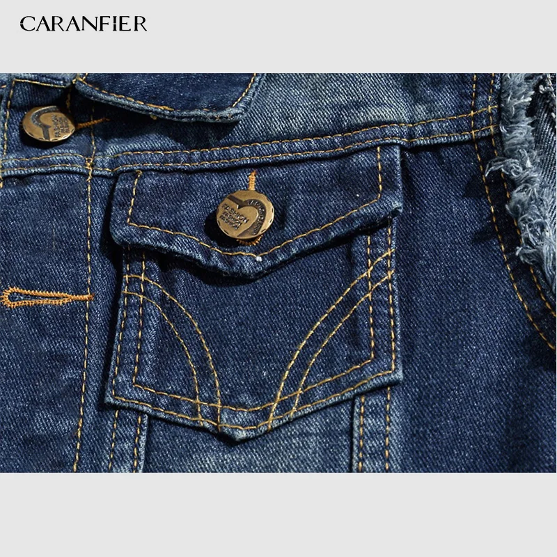 Мужской джинсовый жилет CARANFIER куртка без рукавов с рваными кисточками и