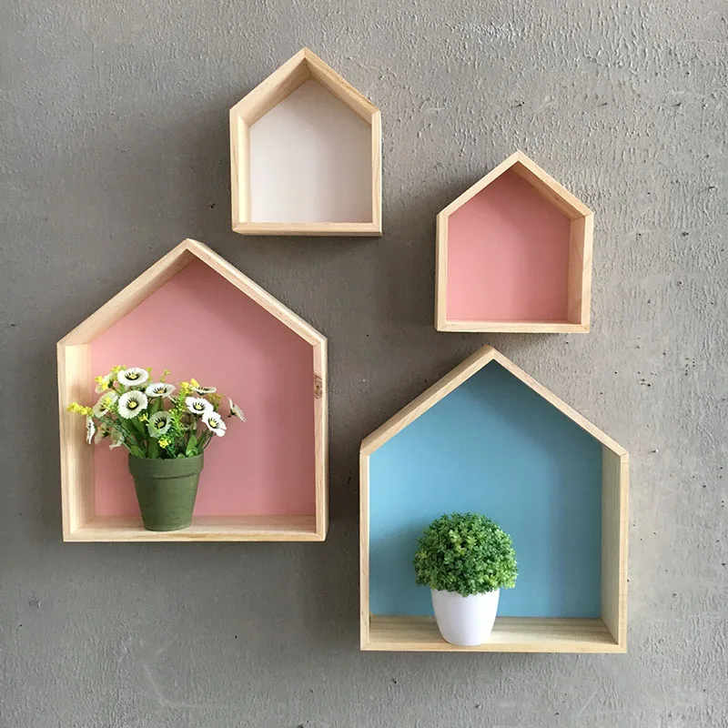 New 2 Pcs House Shape Wall Storage Rack Wooden Display Shelf Hanging Clapboard Kids Room Home Decoration NE | Дом и сад
