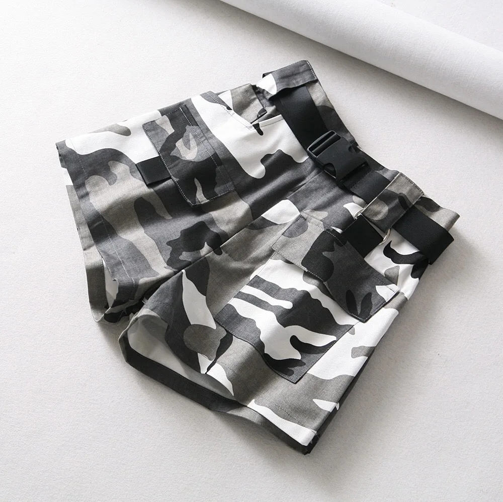 2018 Женская одежда с поясом высокой талией камуфляжные свободные шорты принтом