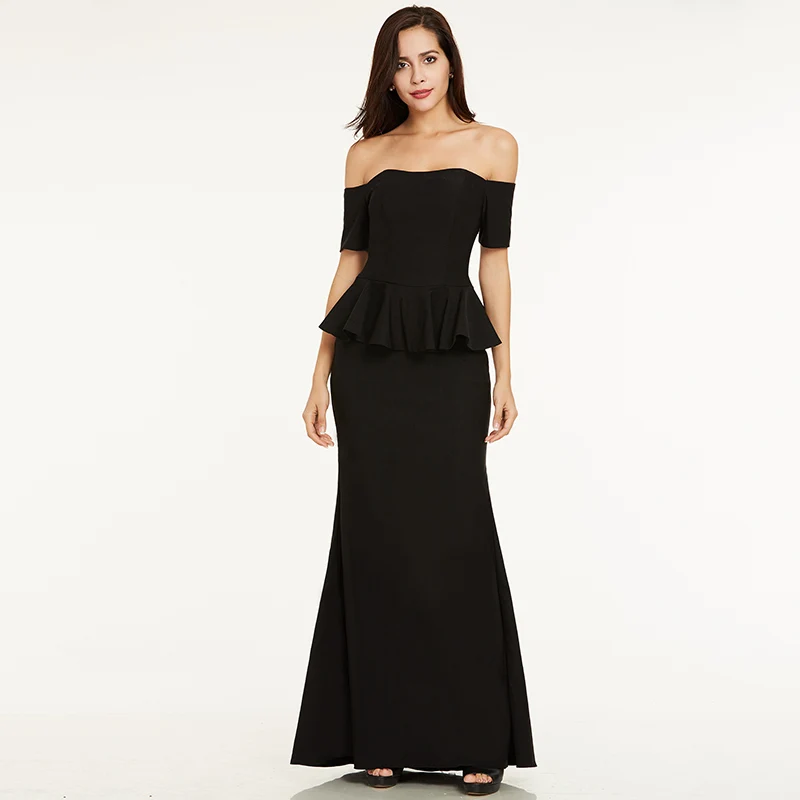 black Tanpell с открытыми плечами вечернее платье цвета слоновой кости с короткими рукавами длиной до пола облегающее свадебное платье дешевые женские оборками длинное вечернее платье - Цвет: black