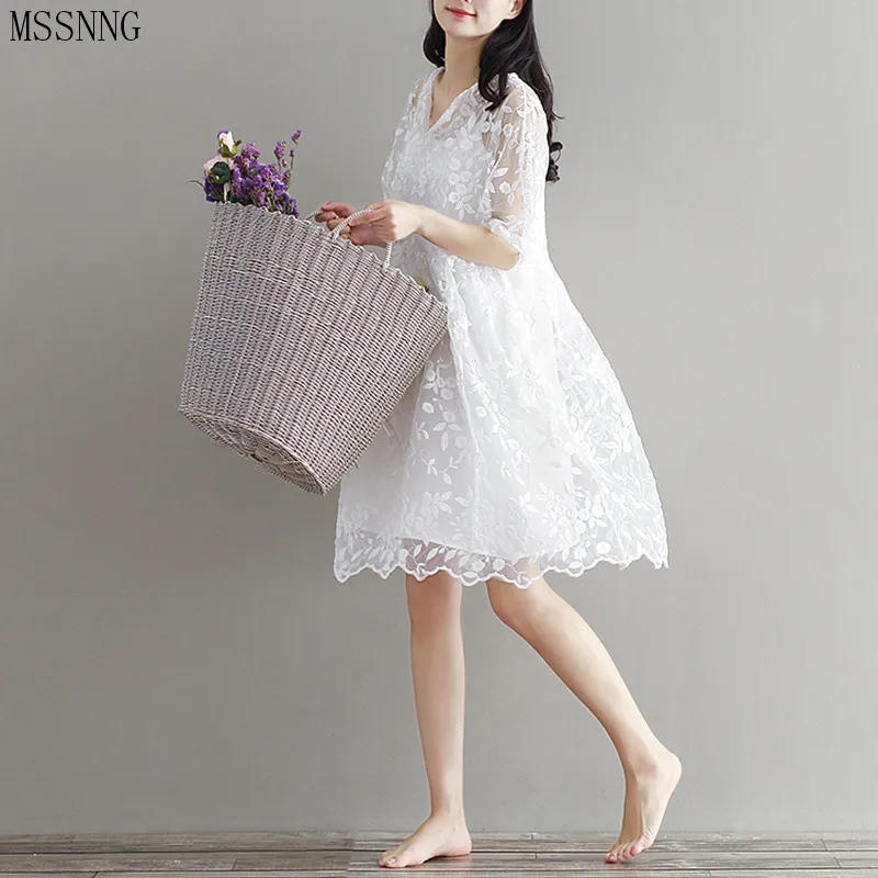 2019 Модное шифоновое платье с вышивкой женское белое кружевное коротким рукавом и