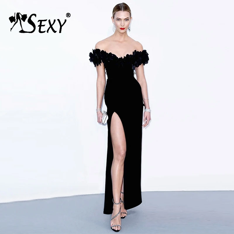 Gosexy 2017 Новый черный с открытыми плечами Цветочный слэш шеи Сплит Бандажное