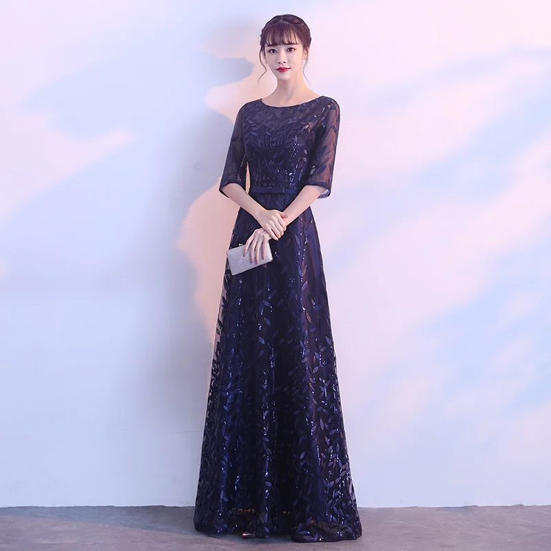Robe De Soiree/темно синее вечернее платье с круглым вырезом и короткими рукавами