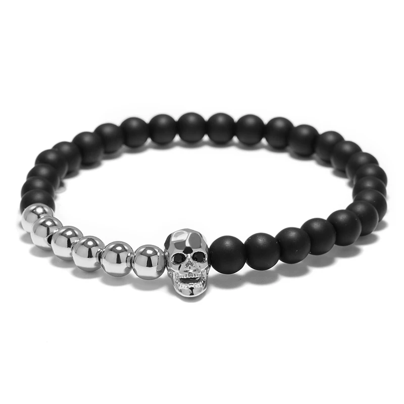 Браслет панк черный матовый череп из природного камня браслеты Мужчины Женщины