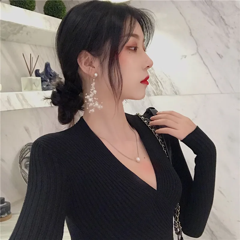 Deep V Neck Sexy Women Crop Sweater And Pullover Autumn 2018 New Long Sleeve Slim Knitted Black Khaki Top Femme | Женская одежда