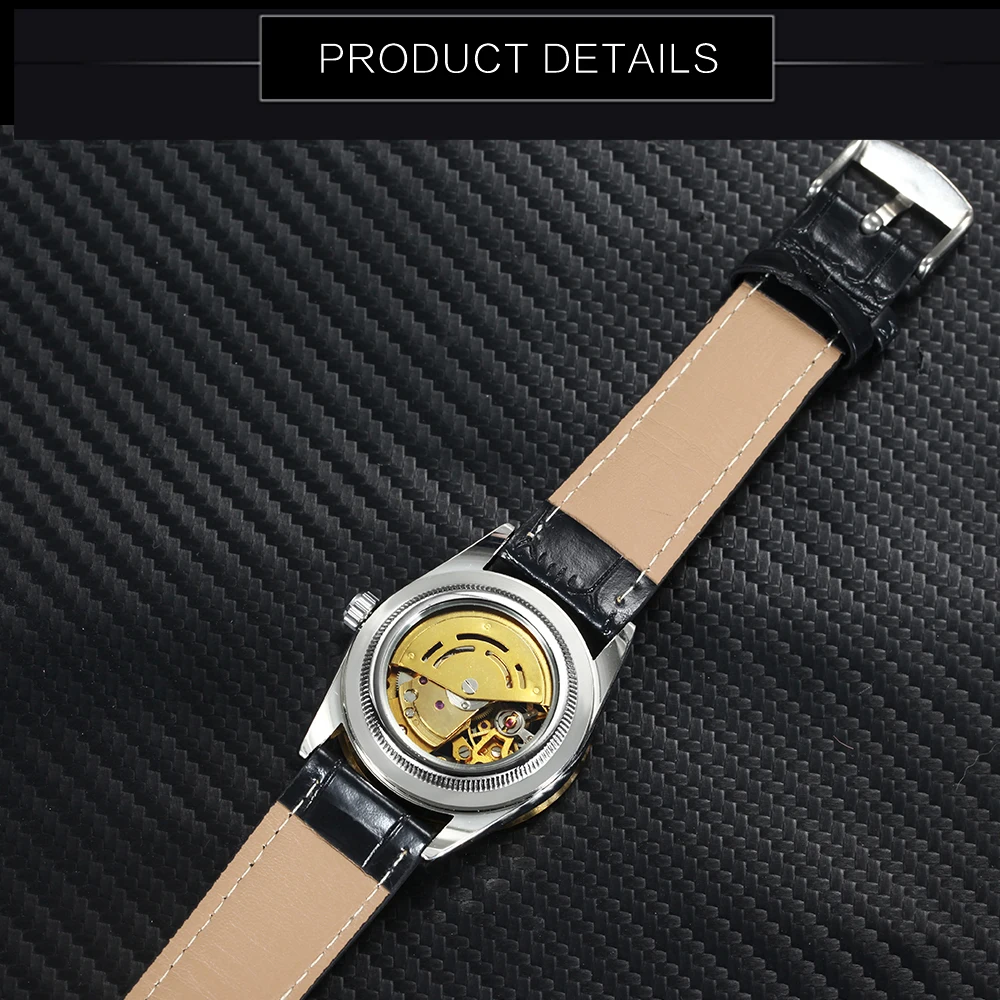 T-WINNER Women Luxury Automatic Mechanical Watch Leather Strap Roman Number Skeleton Dial Crystal Decoration Bezel Design + BOX | Наручные