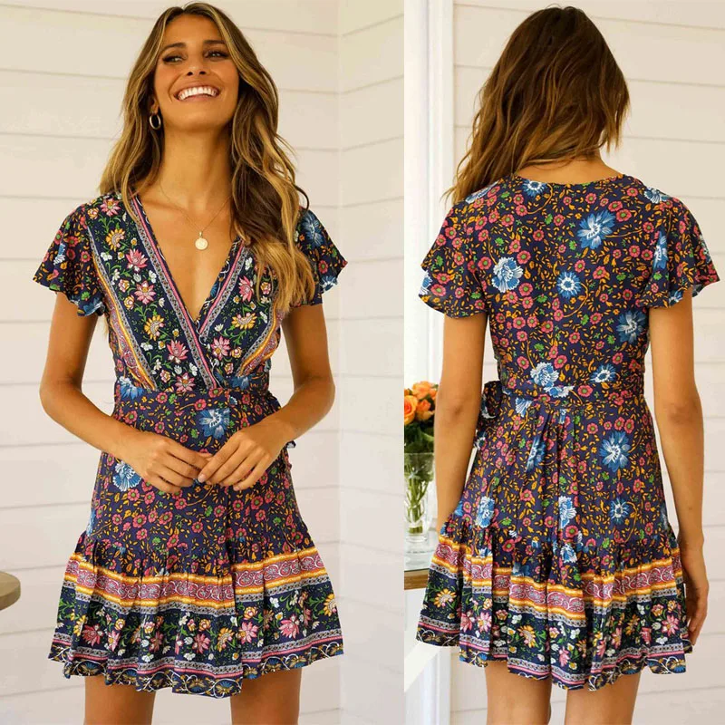 Boho Винтаж мини платье Для женщин V шеи Цветочный принт платья с короткими