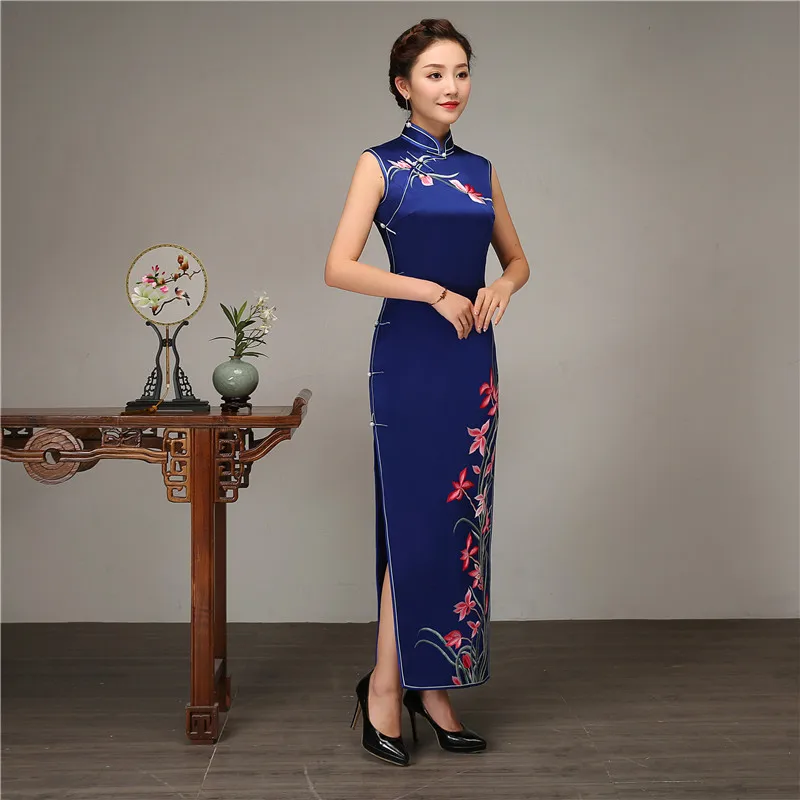 Сексуальное платье без рукавов с разрезом, тонкое, Cheongsam, воротник-стойка, длинное, Qipao, высокое качество, шелковое, Vestidos, повседневное, женское платье, большой размер 3XL