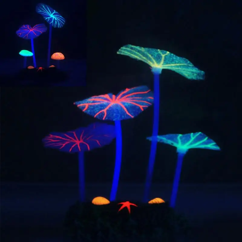 

New Fluorescent Artificial Coral Glowing Lotus Leaf Mushroom luminous Stones Aquariums Fish Tank luminous Decor Accessories