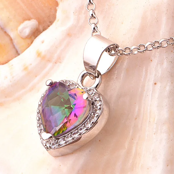 Серебряное Сердце Ожерелье с Цветными Камнями Vintage Длинные Ожерелья Ювелирные