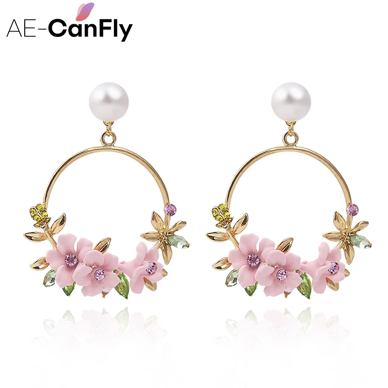 AE CANFLY новые красочные круглые висячие серьги с кружевом сакуры имитацией жемчуга