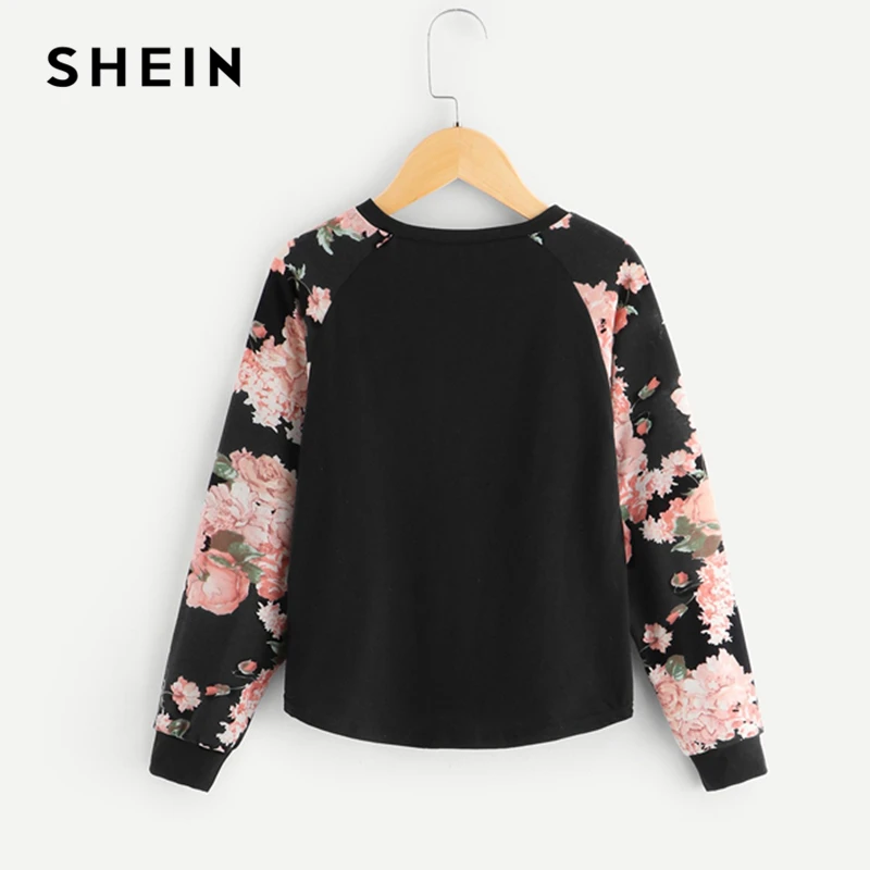 SHEIN/детская черная Повседневная футболка с цветочным принтом для девочек; одежда для детей; коллекция года; сезон весна; модные детские футболки с длинными рукавами; топы для девочек