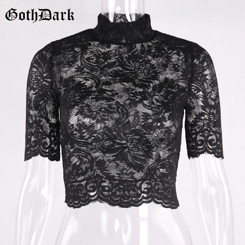 Женская сетчатая футболка Goth Dark, короткий однотонный топик с вырезами, готическая прозрачная футболка с вышивкой и кружевами