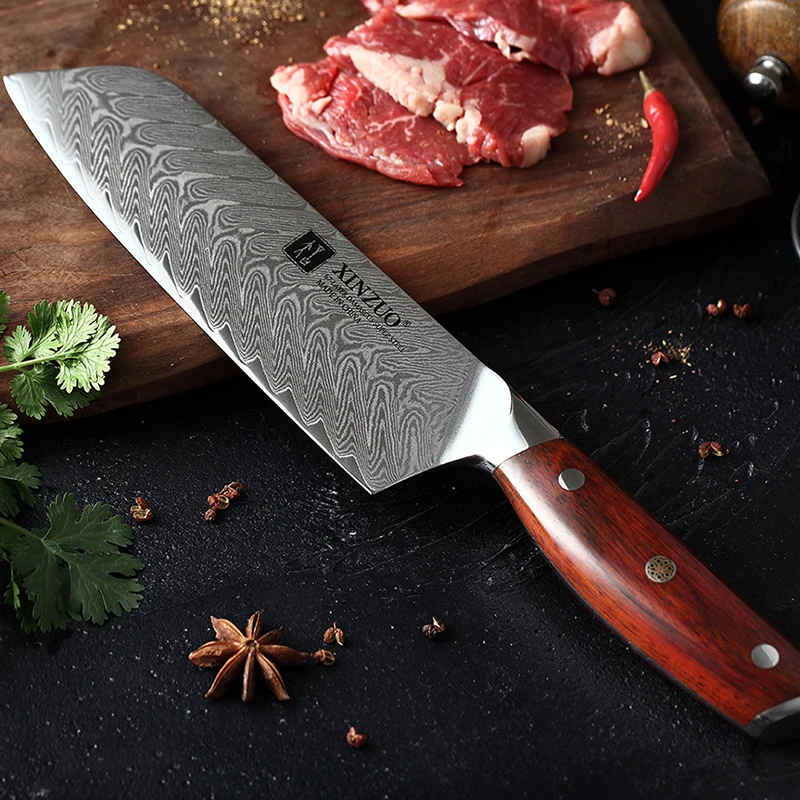 XINZUO бренд 7 дюймов Santoku ножи Дамаска VG10 стальные ножи Палисандр Ручка японский стиль кухня приготовления резные шеф-повара нож