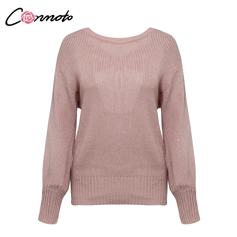 Conmoto Autumn Winter Backless Bow Sweater Women Loose Pullovers Knitted Sweaters Pink Casual Sexy Knitwear Jumpers Plus Size | Женская