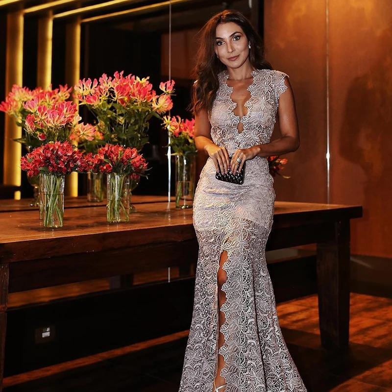 Глубокий v образный вырез тонкое кружевное Макси платье Женская мода сексуальные