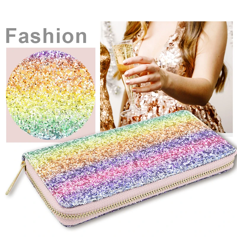 

Fecilia Ladies Wallet Rainbow Sequins Purse Shiny Clutch Pouch Women Girls Long Money Handbag Coin Cards ID Phone Holder Bag