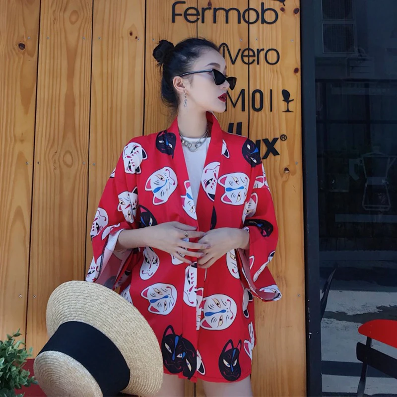 Harajuku кимоно японский товары для кошек печати Свободные Повседневное кардиган