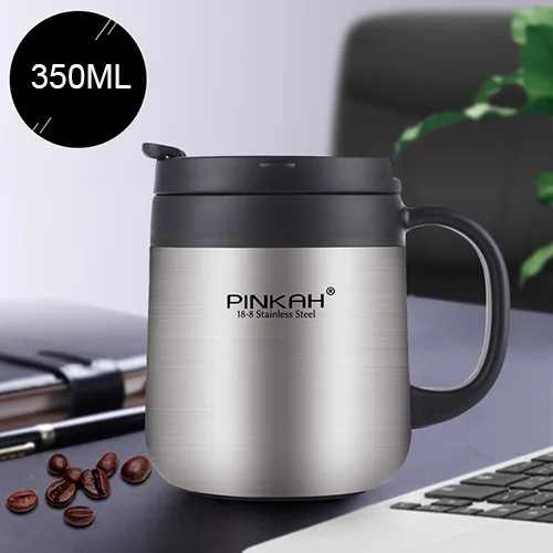 350ML Silver 350 мл/460 мл креативный термос с двойной крышкой кофейная кружка из нержавеющей стали Термокружка вакуумная колба с ручкой для путешествий Кофе термо - Цвет: 350ML Silver