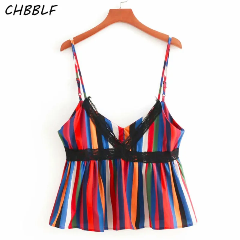 CHBBLF Женская Сексуальная кружевная Лоскутная цветная Полосатая майка с v-образным