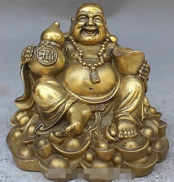 

FREE SHIPPING 6" China FengShui Wealth YuanBao Bronze Brass happy smile Maitreya Buddha Statue