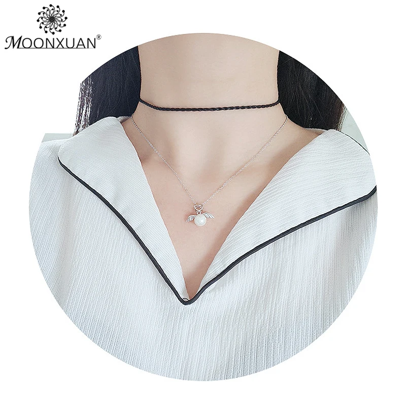 MOONXUAN 925 серебро Fine Jewelry kolye сердце любовь крылья Ангела Ожерелья с жемчужинами и