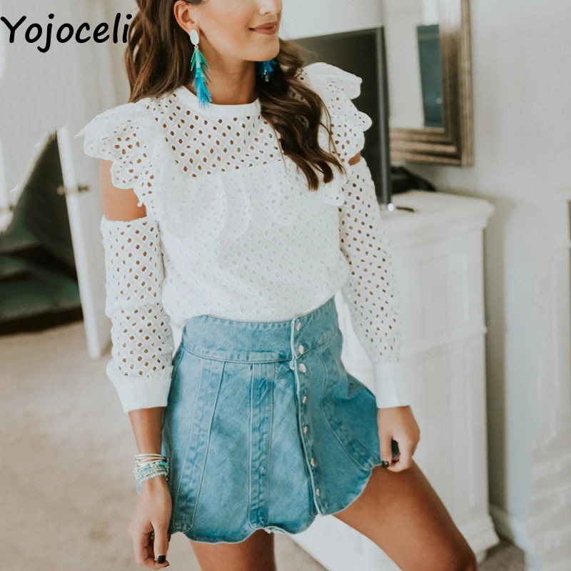 Белая кружевная блузка Yojoceli с открытыми плечами Женская Осенняя Блузка оборками