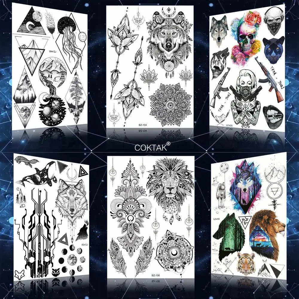 

COKTAK Fashion Mandala Flower India Wolf Tattoos Temporary Women Body Arm Neck Adult Tattoo Stickers Fake Waterproof Lion Sheet